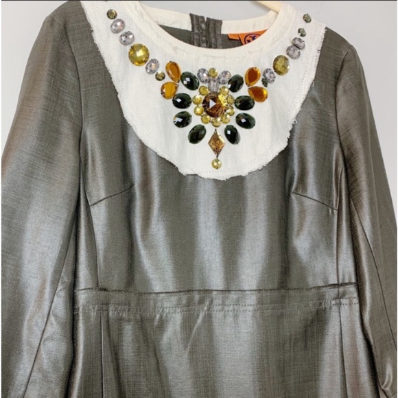 TORY BURCH THILA BEADED DRESS FITTED SILHOUETTE LUXE GRAY HUE SIZE 4 - Picture 9 of 9